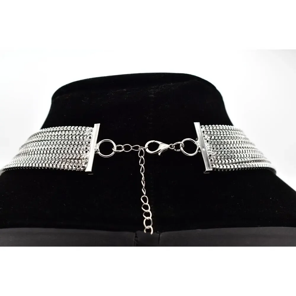 Vintage Y2K Fringe Necklace Crystal Multi-Chain Y-Drop Silver Tone Chunky Bin3B